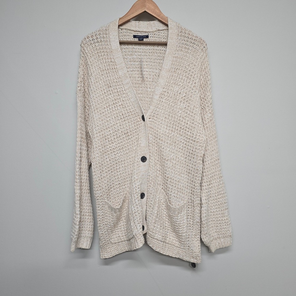 American Eagle Waffle Knit Cardigan Sweater Womens XL Beige Cotton Blend Boho